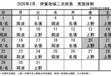 3月の実施体制発表 伊賀地域の二次救急