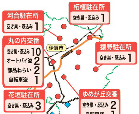 犯罪発生マップ 侵入盗20件、窓ガラス割る 6月の伊賀地域