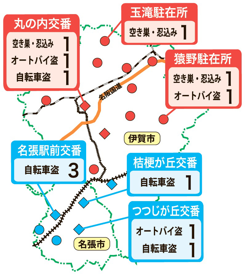 犯罪発生マップ　8月　伊賀署32件、名張署39件